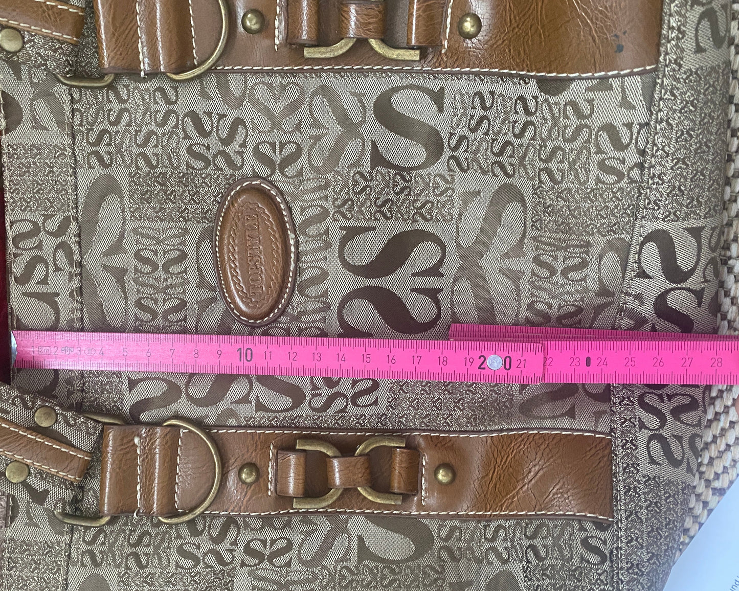 Braune Handtasche Schulter mit Metall Ringen und Schnallen, Canvas gemustert