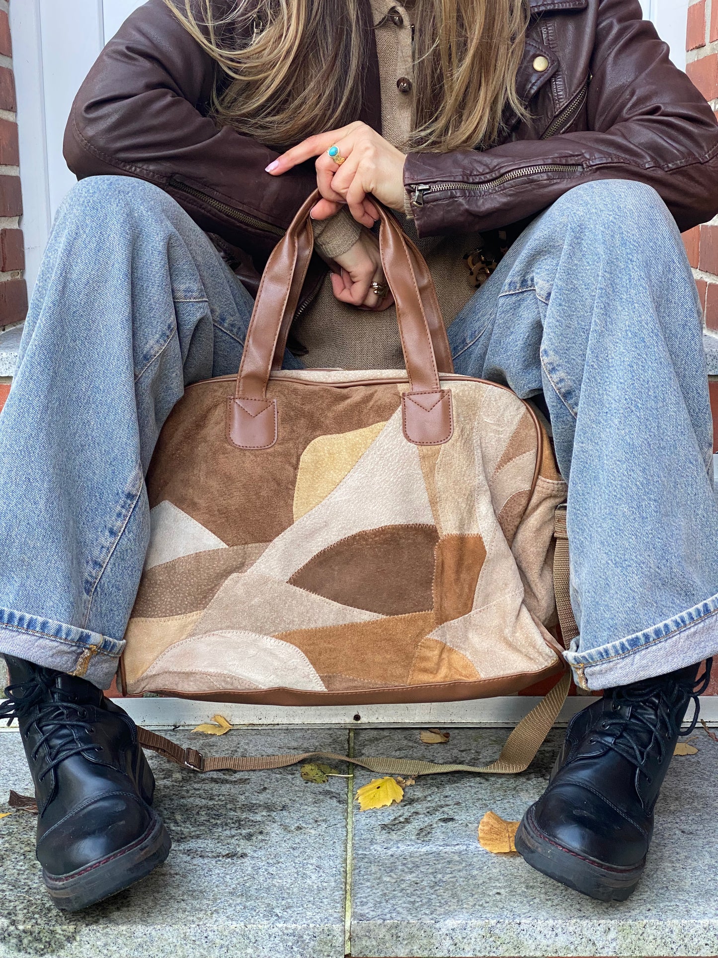 Patchwork Kunstleder Retro Tasche in beige braun mit Crossbody Gurt