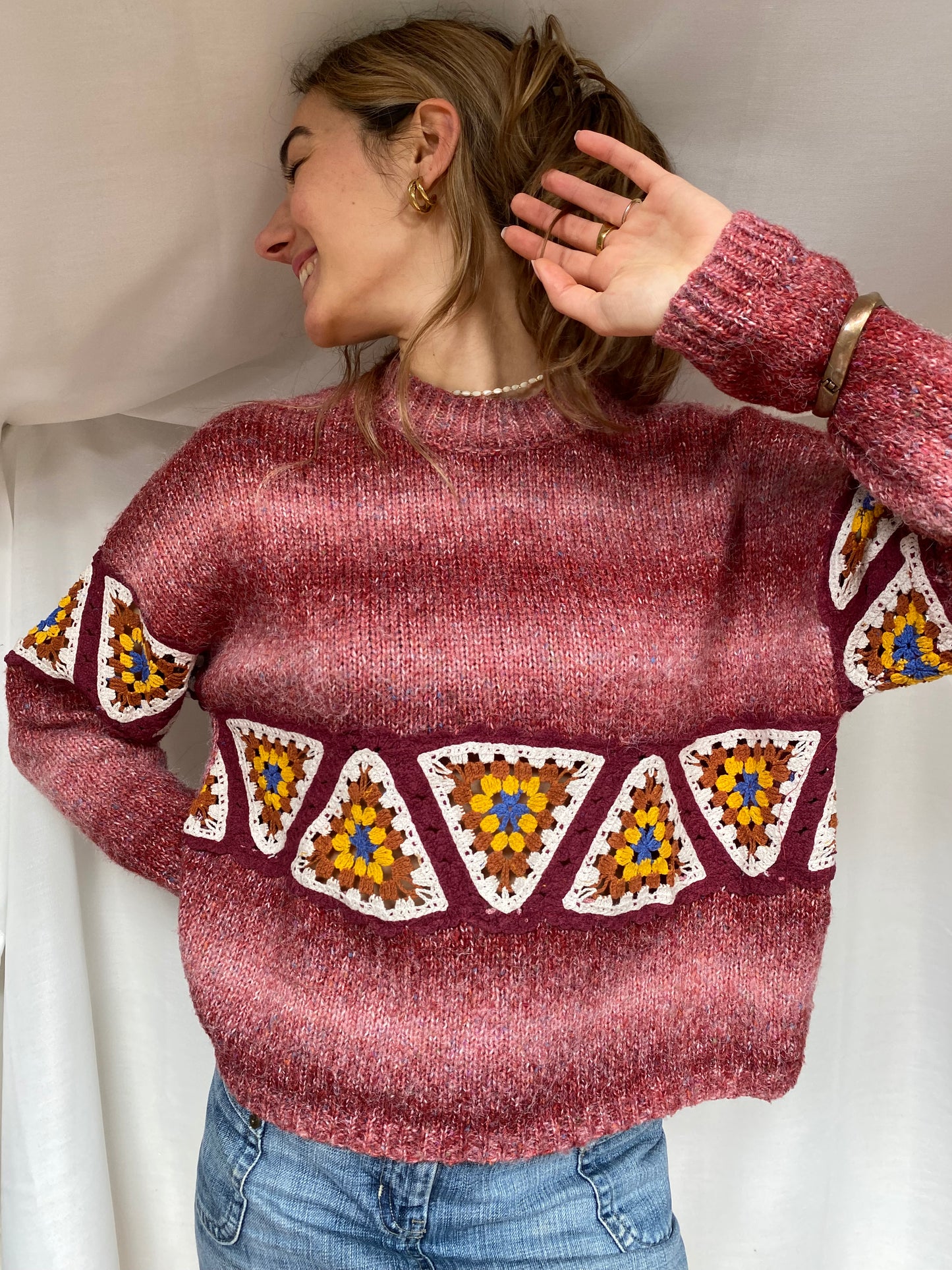 Pull & Bear Strickpullover rot meliert mit Häkel Crocket Details, M