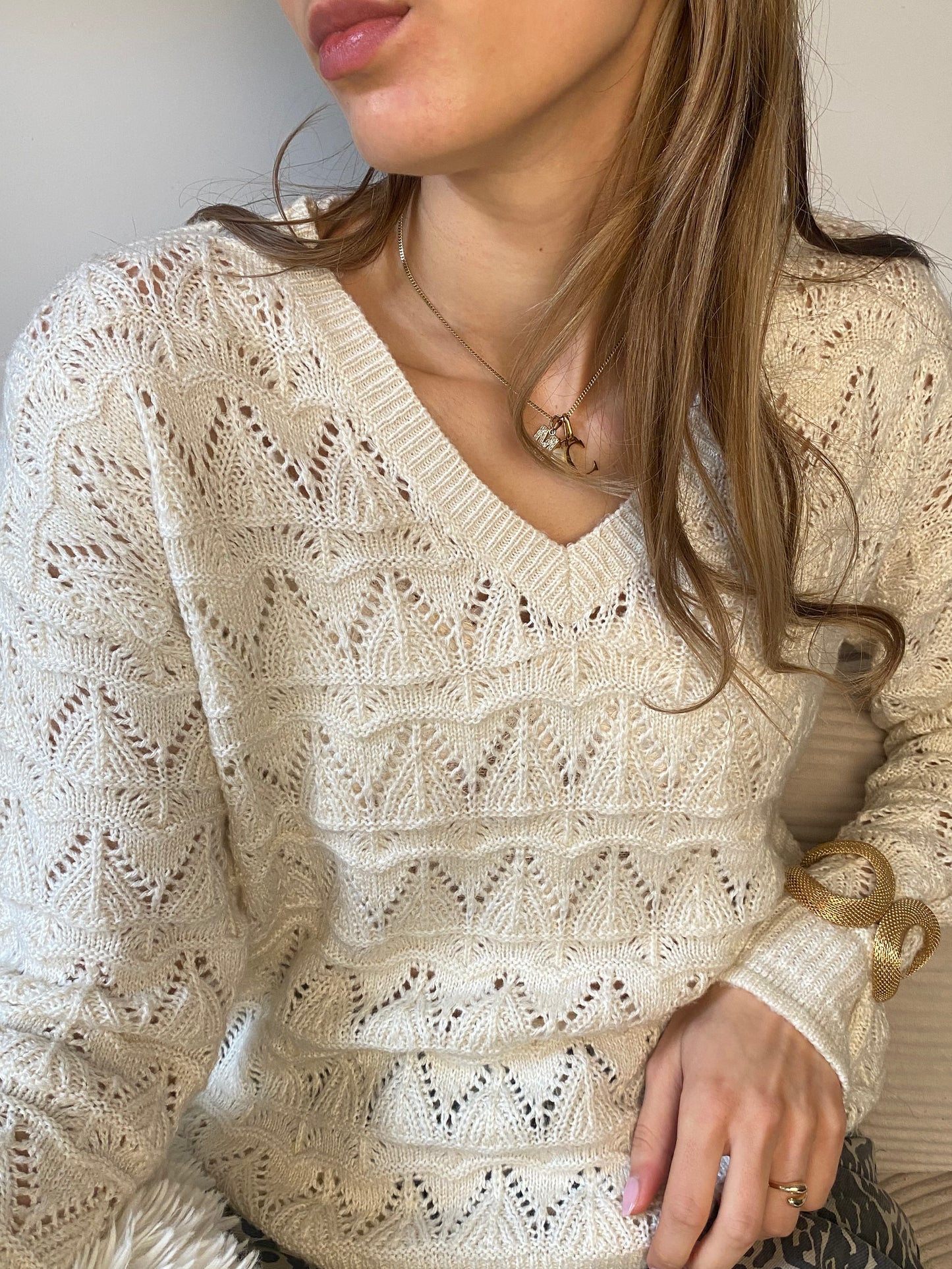 Free/Quent Strickpullover Baumwollmix in creme sand mit Lochmuster Grobstrick, S