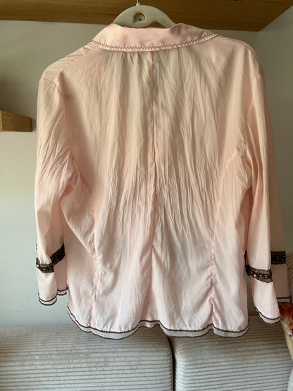 Retro Volant Bluse 3/4 Arm in rosa braun mit Zierbordüre, L