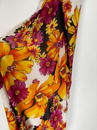 Schmales Sommerkleid bunt floral mit Wasserfallausschnitt, XS-S