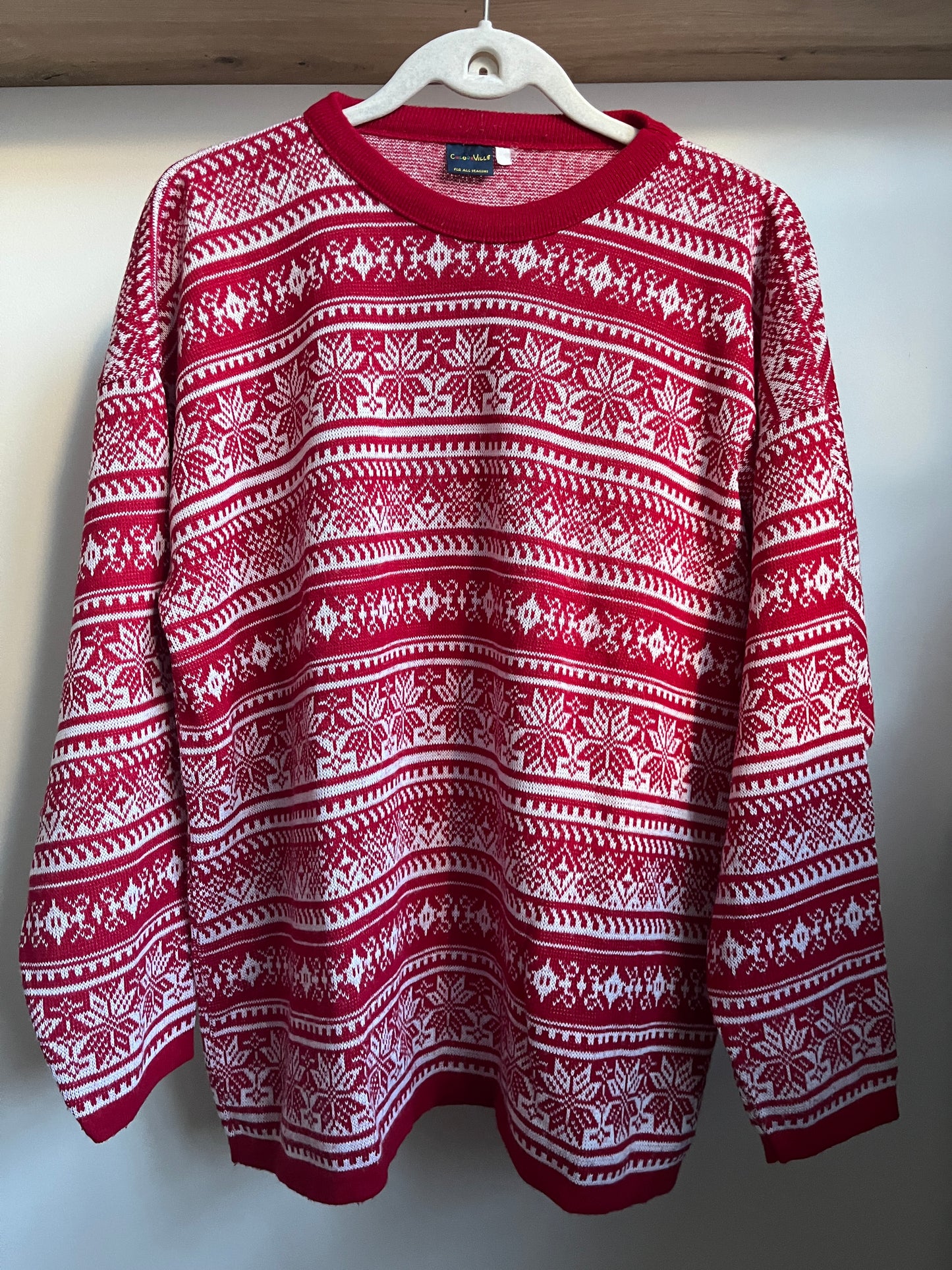 Winterlicher Retro Strickpullover in rot weiß gemustert, M