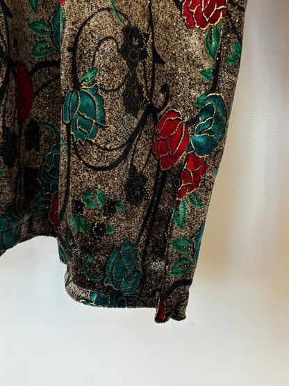 Vintage Samt Shirt "Golosy" in metallisch glänzend braun mit rot grün floralem Muster, M