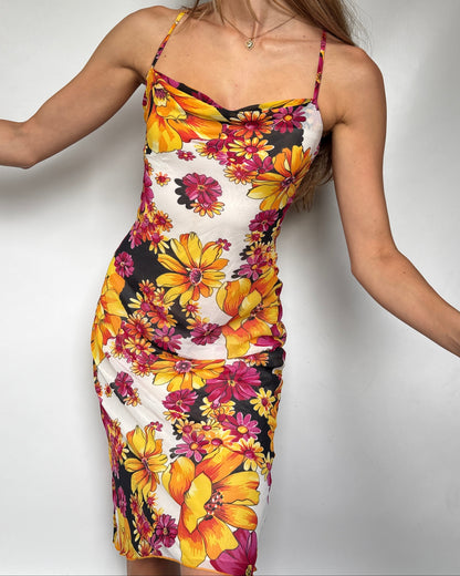 Schmales Sommerkleid bunt floral mit Wasserfallausschnitt, XS-S