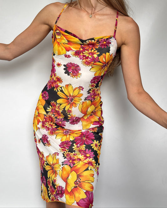 Schmales Sommerkleid bunt floral mit Wasserfallausschnitt, XS-S