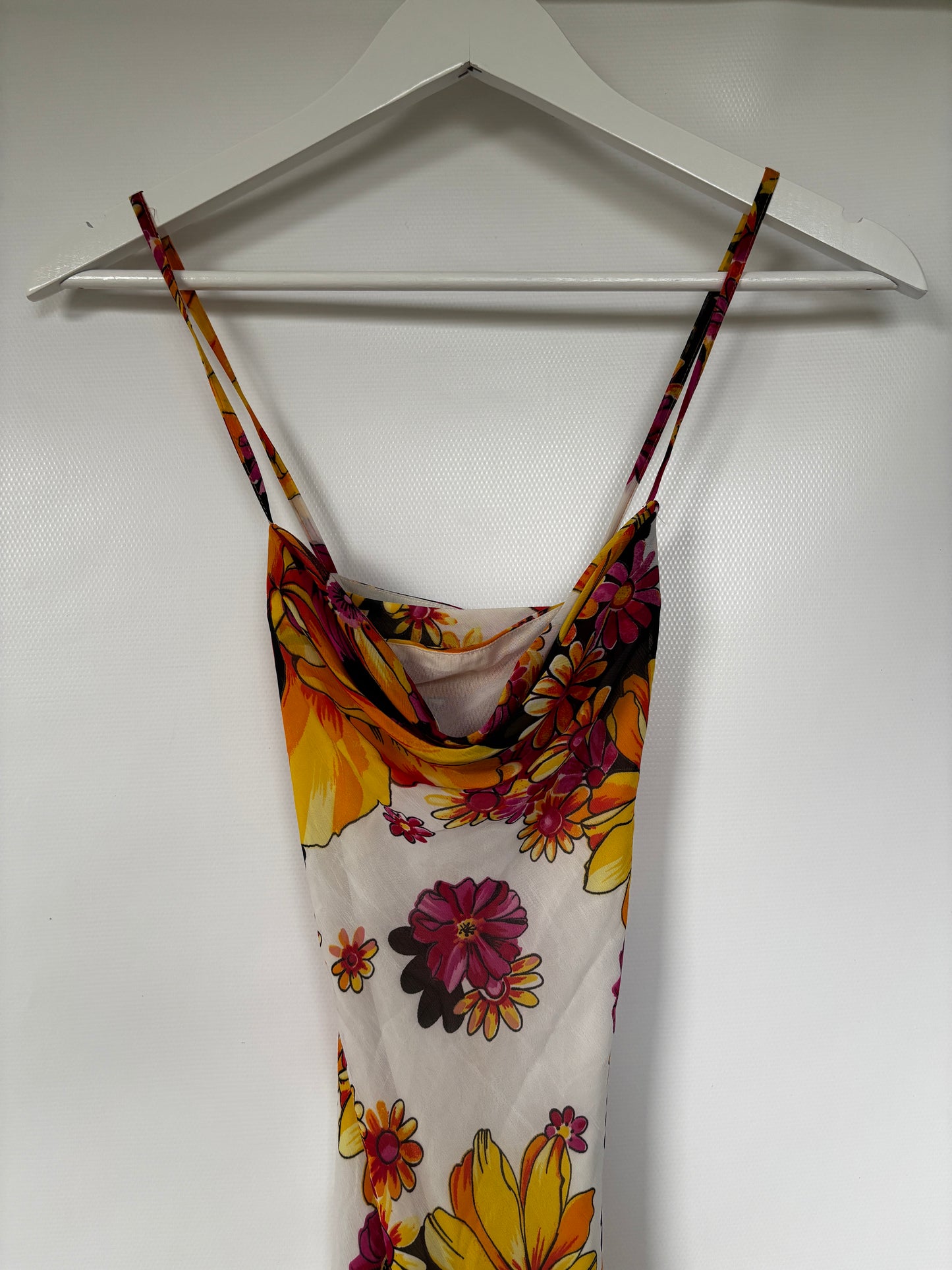 Schmales Sommerkleid bunt floral mit Wasserfallausschnitt, XS-S