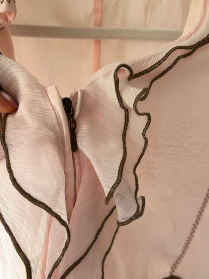 Retro Volant Bluse 3/4 Arm in rosa braun mit Zierbordüre, L