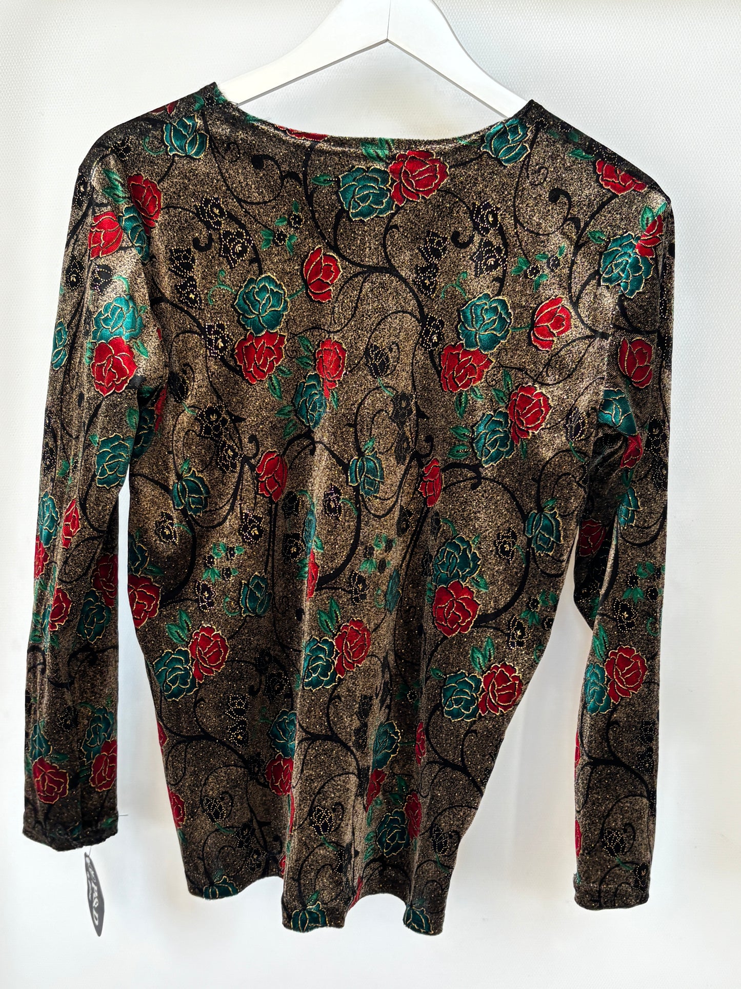Vintage Samt Shirt "Golosy" in metallisch glänzend braun mit rot grün floralem Muster, M