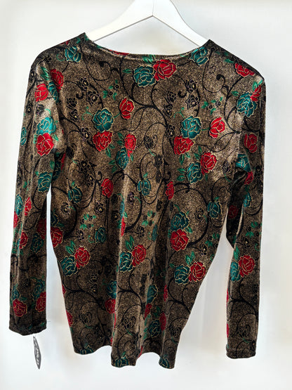 Vintage Samt Shirt "Golosy" in metallisch glänzend braun mit rot grün floralem Muster, M