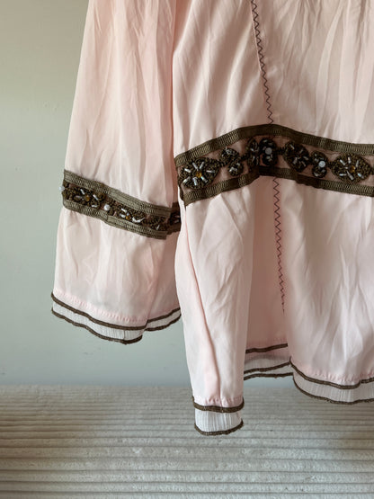 Retro Volant Bluse 3/4 Arm in rosa braun mit Zierbordüre, L