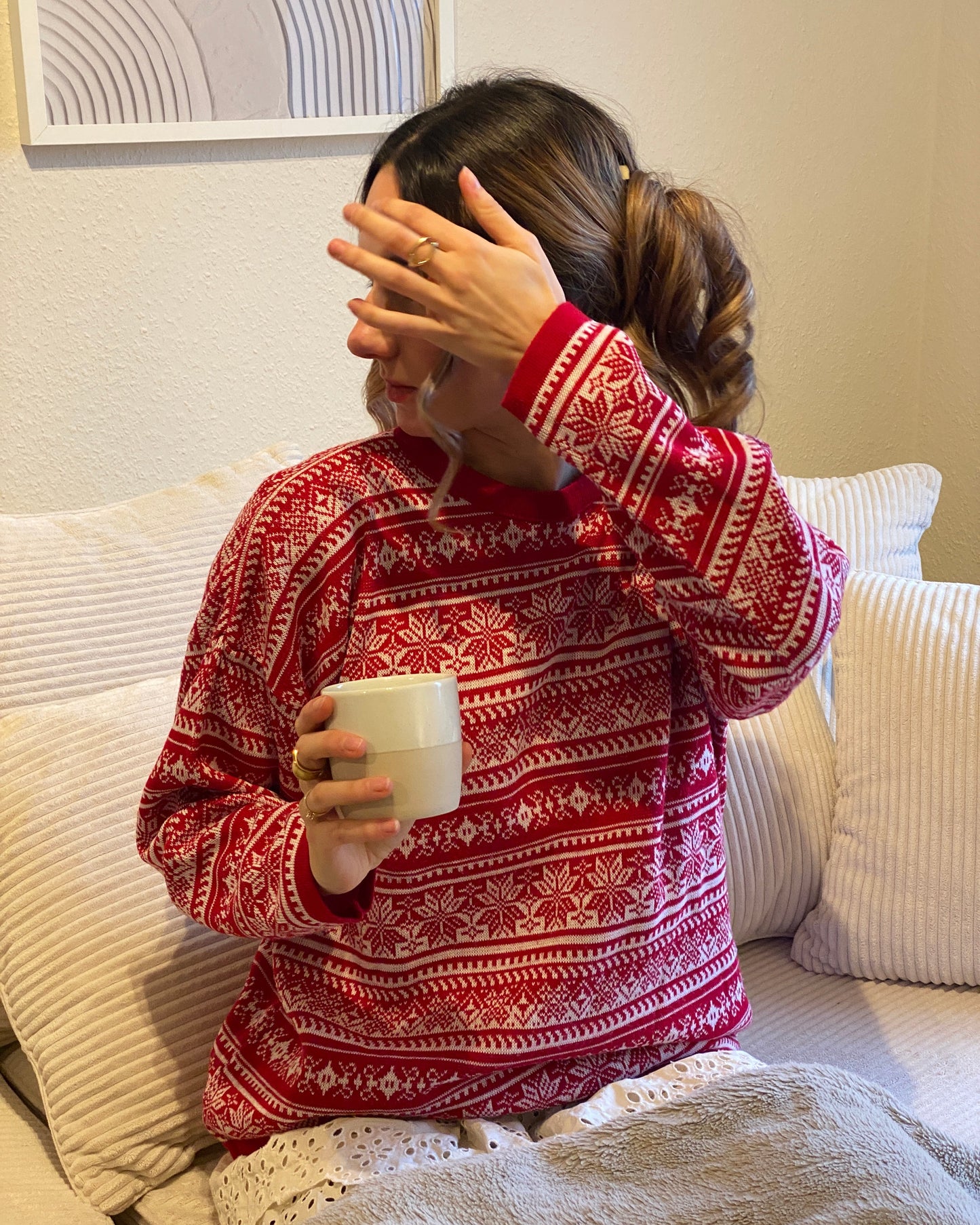 Winterlicher Retro Strickpullover in rot weiß gemustert, M