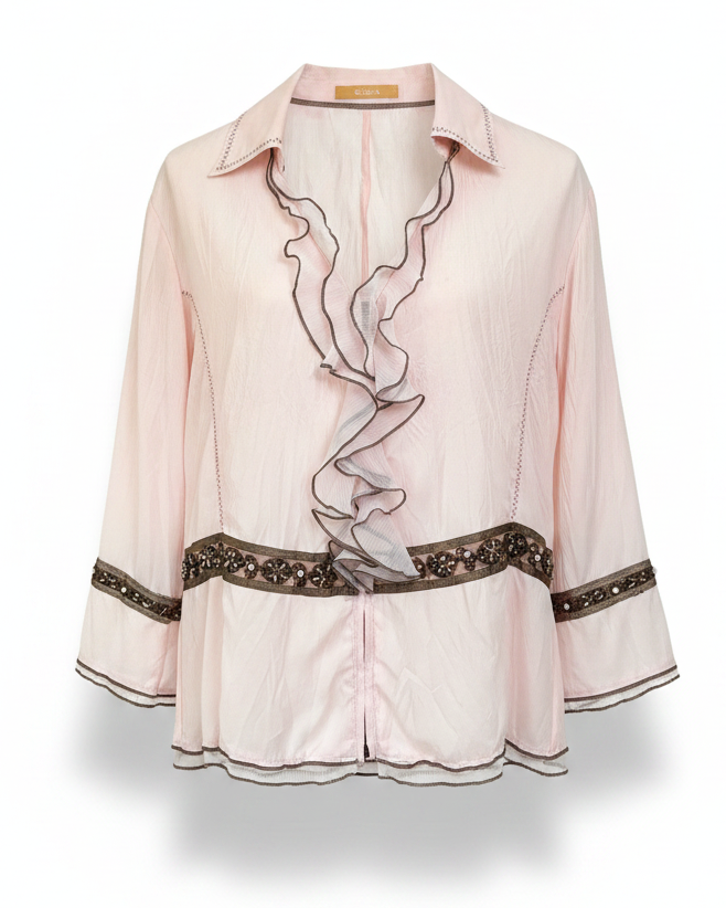 Retro Volant Bluse 3/4 Arm in rosa braun mit Zierbordüre, L