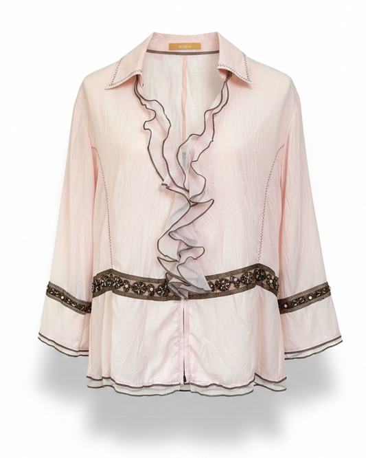 Retro Volant Bluse 3/4 Arm in rosa braun mit Zierbordüre, L