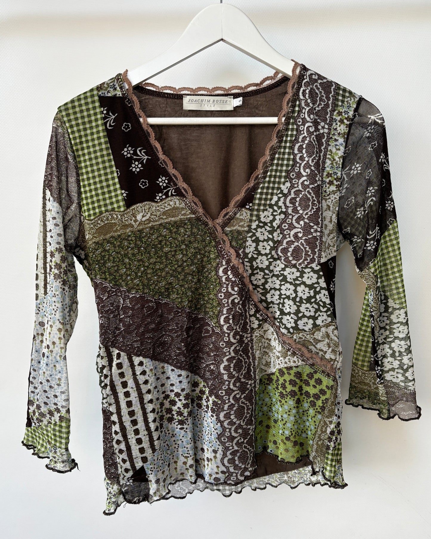 Retro Mesh Wickel Shirt in braun/grün gemustert, S-M