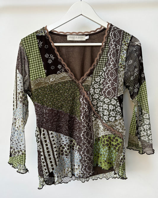Retro Mesh Wickel Shirt in braun/grün gemustert, S-M