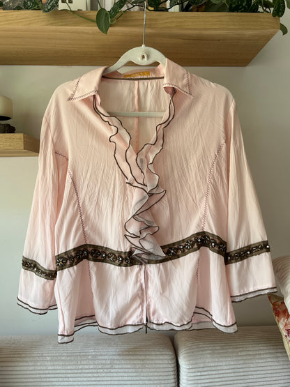 Retro Volant Bluse 3/4 Arm in rosa braun mit Zierbordüre, L