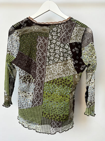 Retro Mesh Wickel Shirt in braun/grün gemustert, S-M