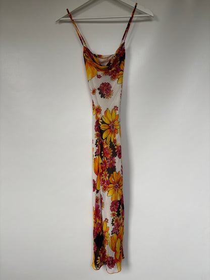 Schmales Sommerkleid bunt floral mit Wasserfallausschnitt, XS-S