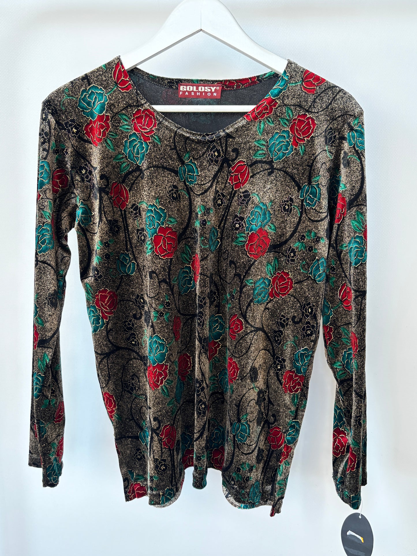 Vintage Samt Shirt "Golosy" in metallisch glänzend braun mit rot grün floralem Muster, M