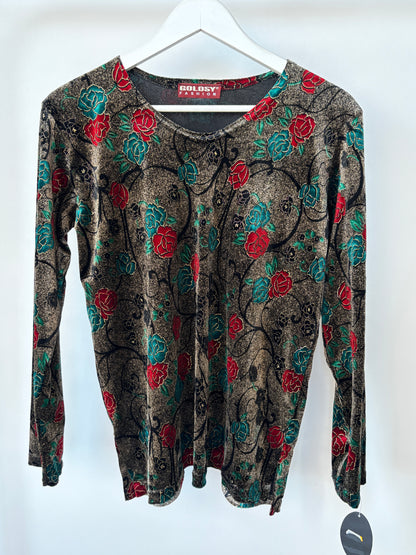 Vintage Samt Shirt "Golosy" in metallisch glänzend braun mit rot grün floralem Muster, M