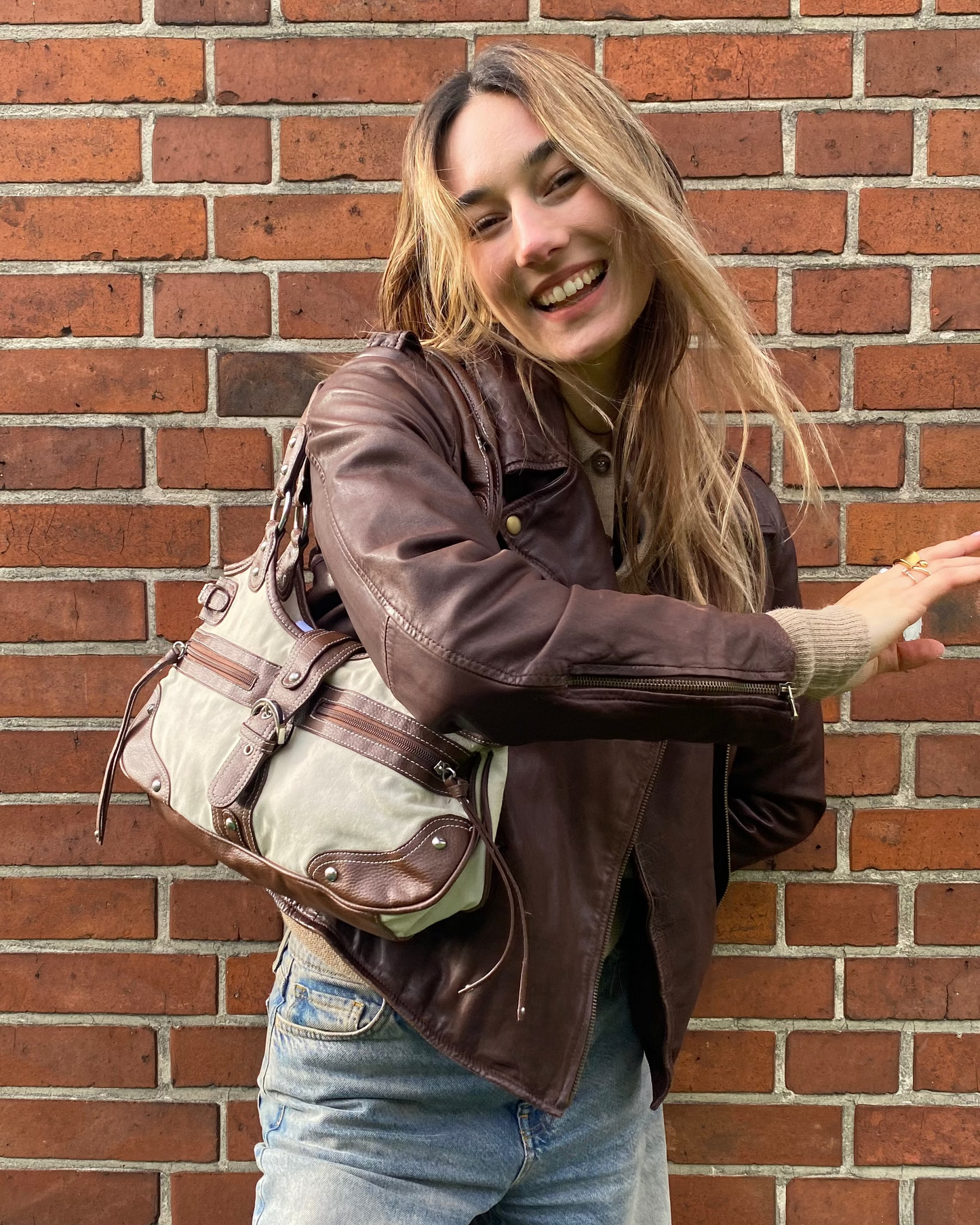 Handtasche mit Schnalle, Stoff Kunstleder Mix, beige braun