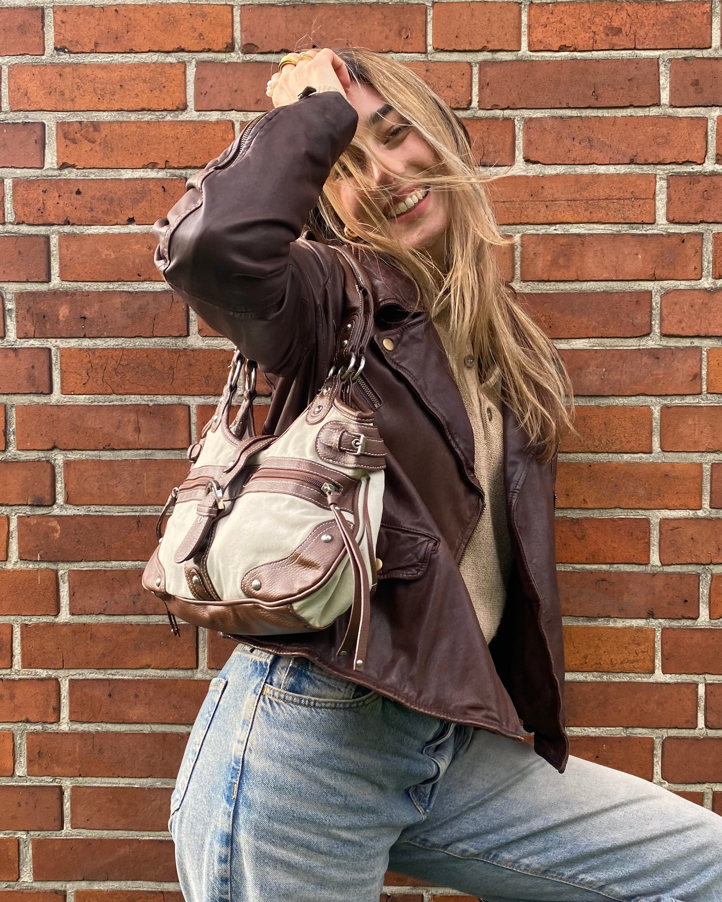 Handtasche mit Schnalle, Stoff Kunstleder Mix, beige braun