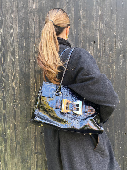 Italienische Vintage Echtleder Handtasche schwarz Kroko Stil glänzend