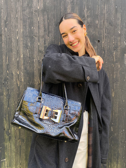 Italienische Vintage Echtleder Handtasche schwarz Kroko Stil glänzend