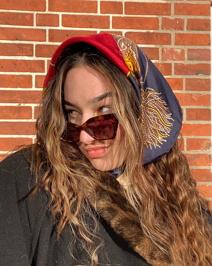 Retro Seidentuch quadratisch in navy-blau weinrot gemustert