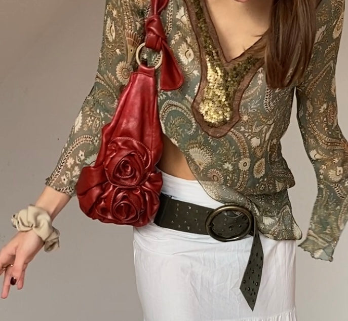 Slouchy Rose Handtasche Kunstleder 3D Verzierung, Schultertasche mit Ringen