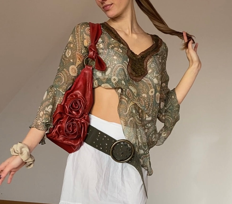 Slouchy Rose Handtasche Kunstleder 3D Verzierung, Schultertasche mit Ringen