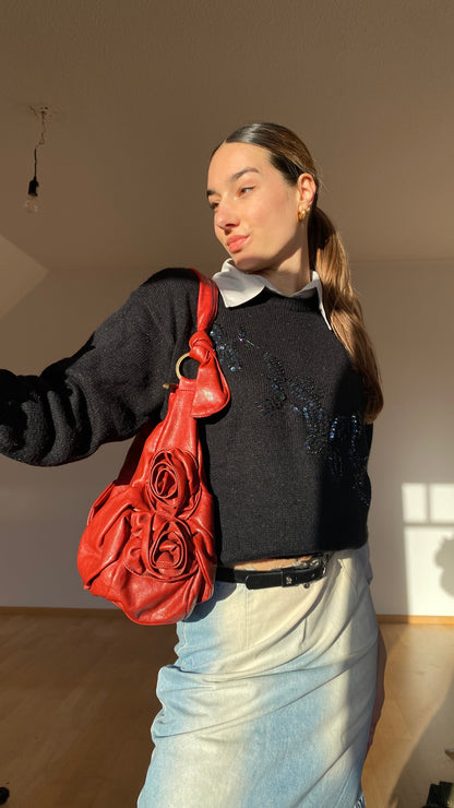 Slouchy Rose Handtasche Kunstleder 3D Verzierung, Schultertasche mit Ringen