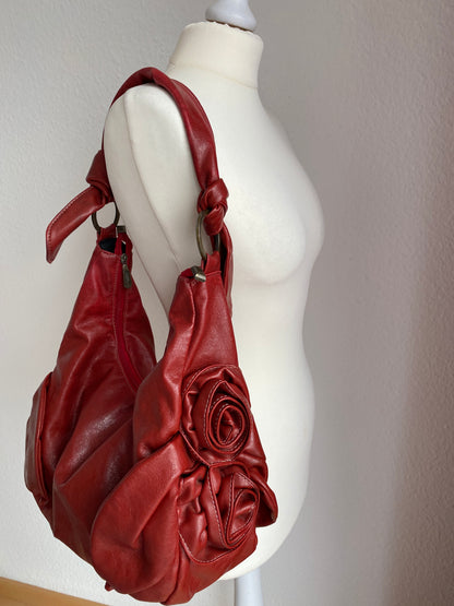 Slouchy Rose Handtasche Kunstleder 3D Verzierung, Schultertasche mit Ringen