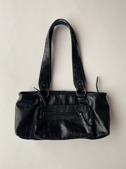 Schwarze Kunstleder Baguette Bag mit Muster Prägung mit Silberringen