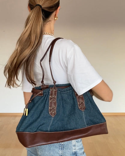 Materialmix Handtasche von Esprit in braun denim blau