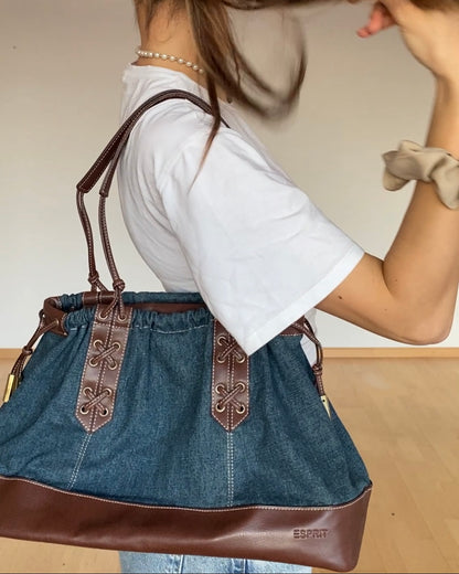 Materialmix Handtasche von Esprit in braun denim blau