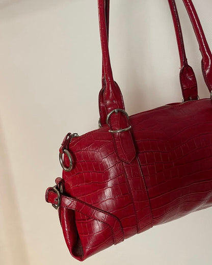 L.Credi Leder Handtasche Schulter in rot mit Kroko-Prägung