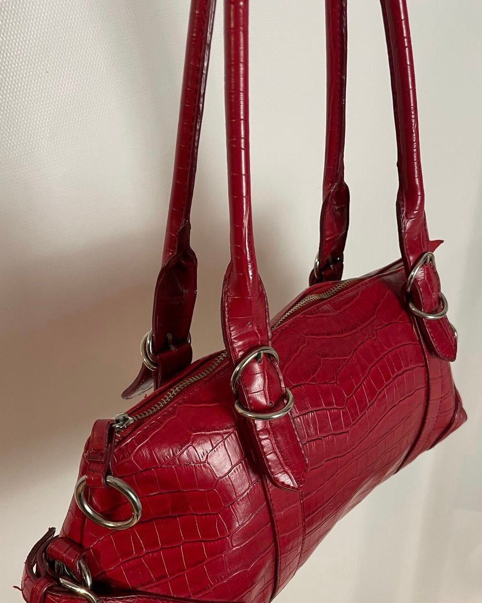 L.Credi Leder Handtasche Schulter in rot mit Kroko-Prägung