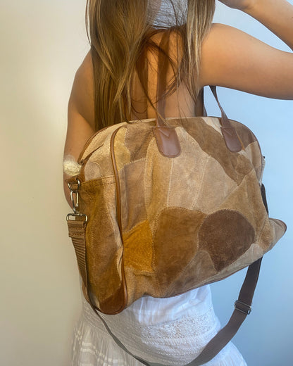 Patchwork Kunstleder Retro Tasche in beige braun mit Crossbody Gurt