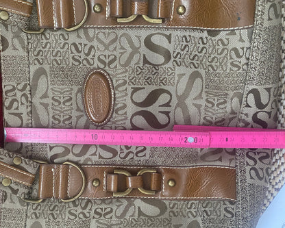 Braune Handtasche Schulter mit Metall Ringen und Schnallen, Canvas gemustert