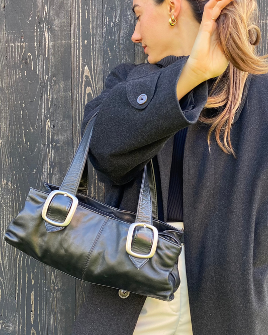 PICARD Handtasche Baguette Bag schwarzes Leder mit Silber Schnallen