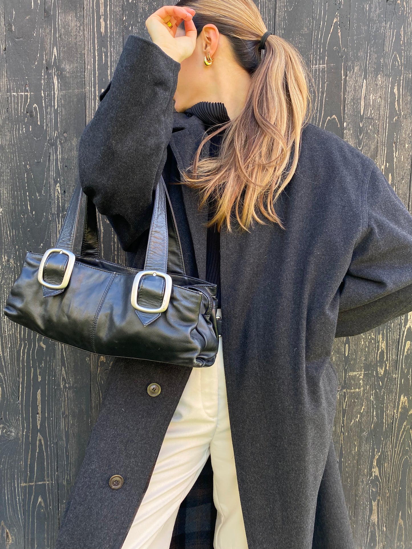 PICARD Handtasche Baguette Bag schwarzes Leder mit Silber Schnallen