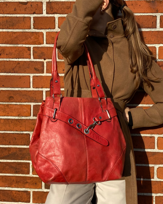 Rote Leder Handtasche mit Silber Schnallen baggy Hobo Stil