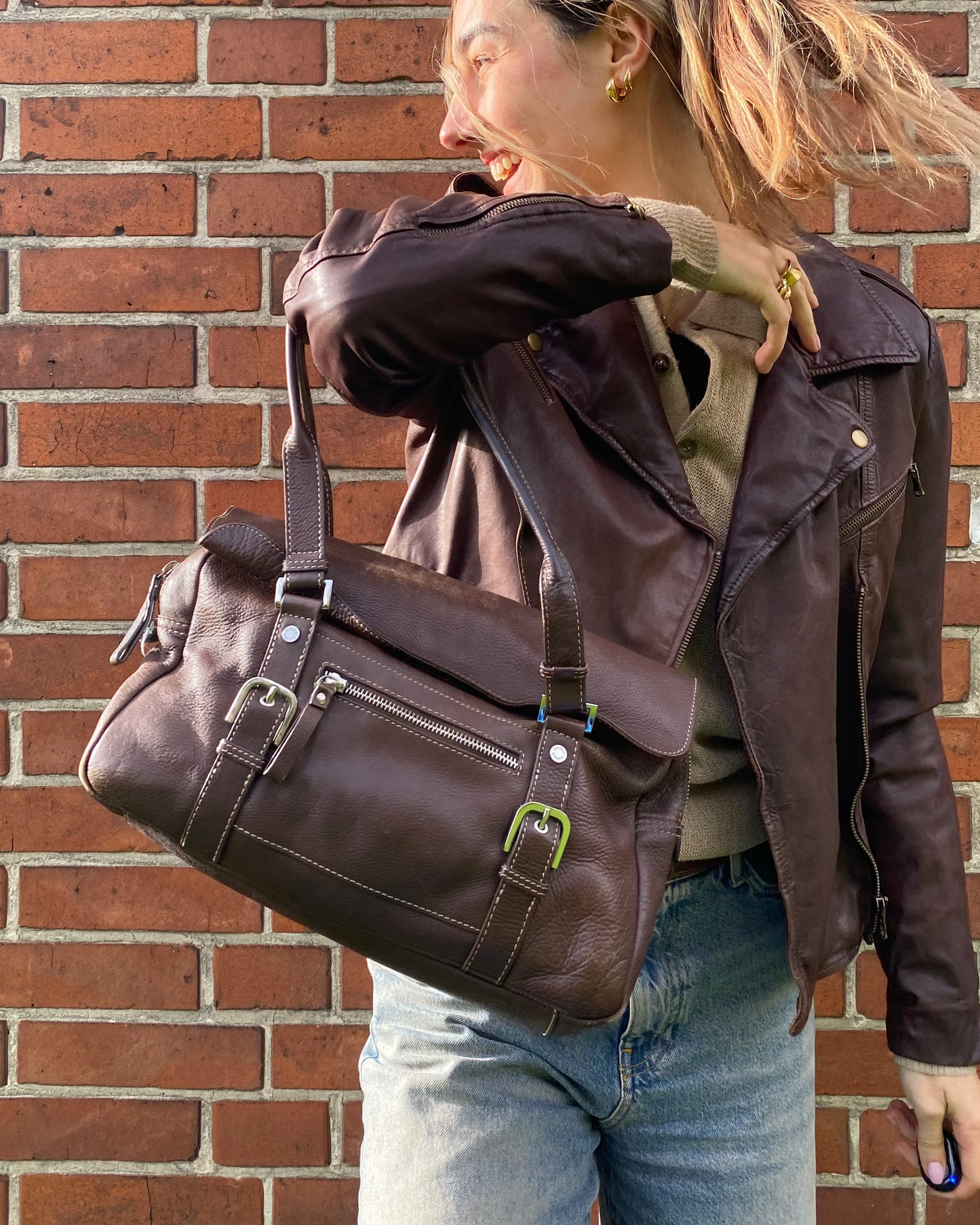 Braune Disser Handtasche Baguette Bag Leder mit Silber Riemen