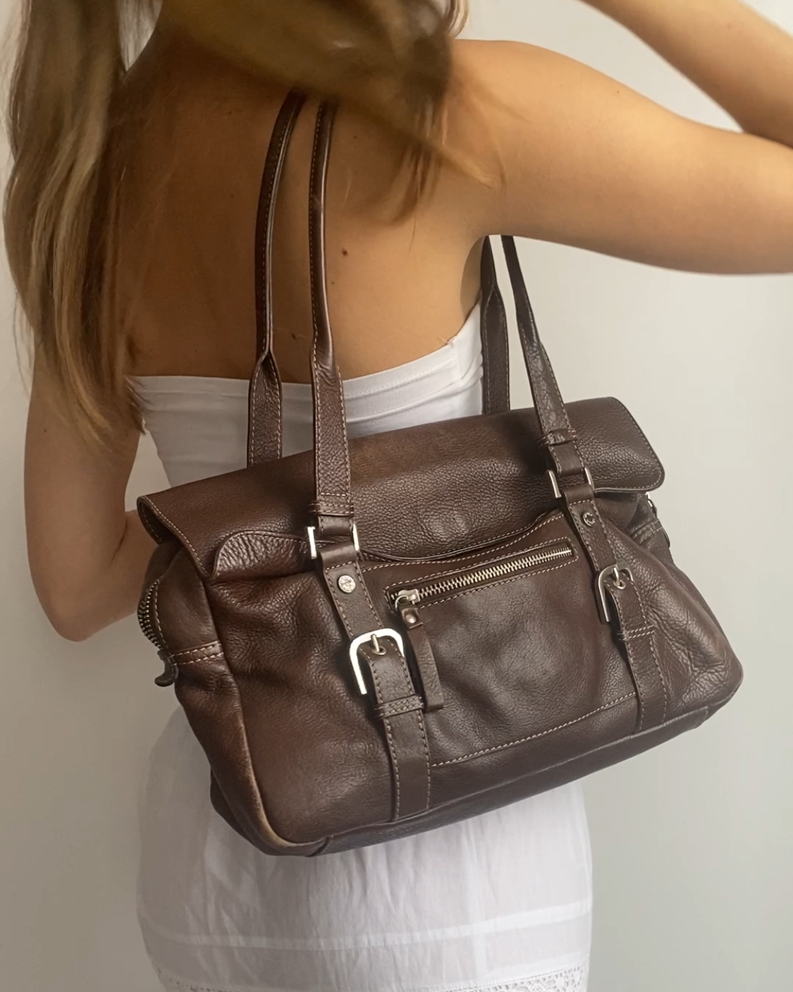 Braune Disser Handtasche Baguette Bag Leder mit Silber Riemen