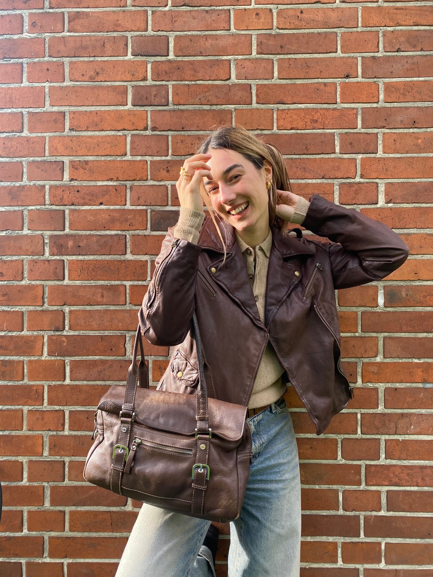 Braune Disser Handtasche Baguette Bag Leder mit Silber Riemen