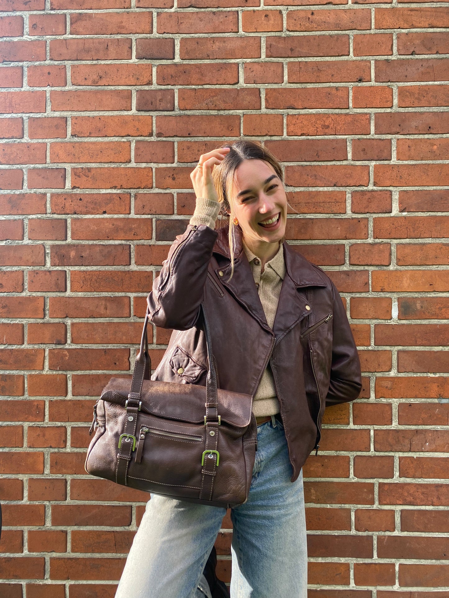 Braune Disser Handtasche Baguette Bag Leder mit Silber Riemen