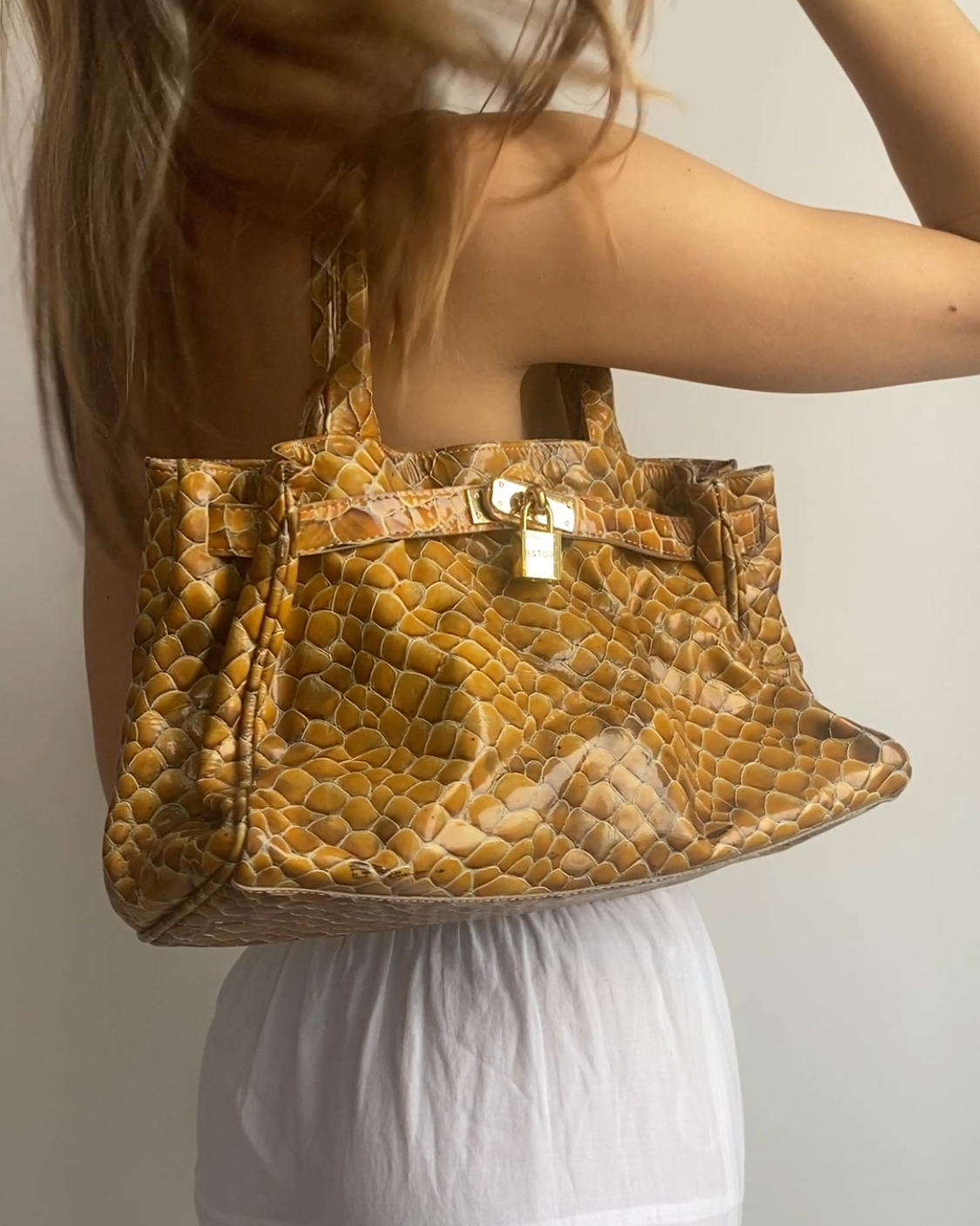 Silvia Astore Echtleder Handtasche gelb-braun Schlange Stil Bag