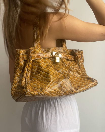 Silvia Astore Echtleder Handtasche gelb-braun Schlange Stil Bag